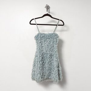 Klesis Holiday NYE Chic Spaghetti Strap Faux Fur Mini Dress Light Blue Small